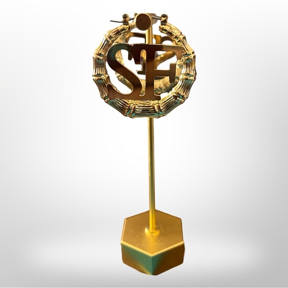 NEW 2.5” (Medium) 14k GOLD PLATED "CITY" LOGO BAMBOO HOOP EARRINGS - Picture 6 of 6